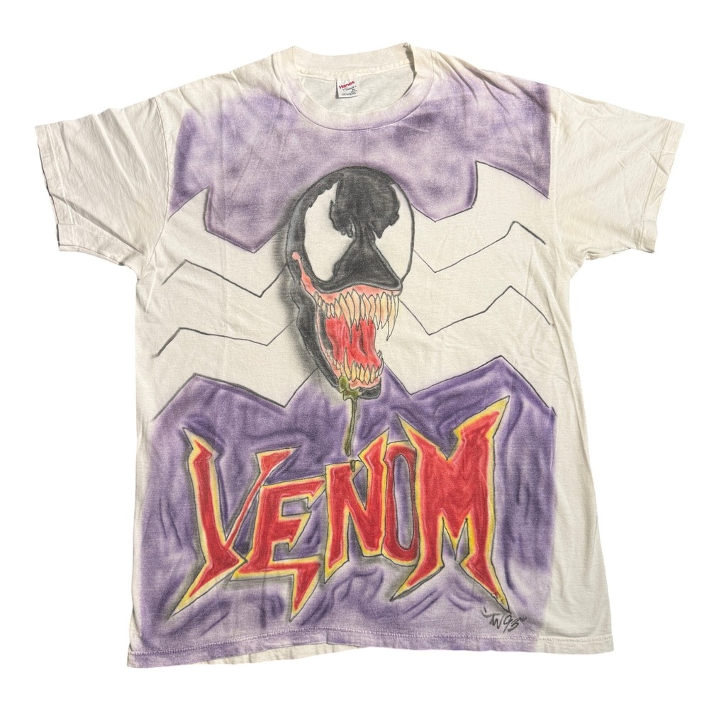 Vintage 1995 Venom Marvel Comics Hand Painted T-Shirt Hanes XL White Purple 90s